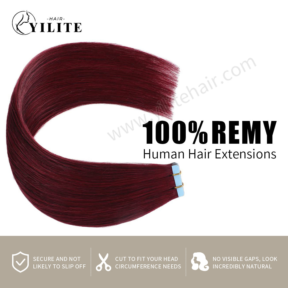 Yilite (#99J) Burgundy Tape In Hair Extensions Remy Human Hair 24Pcs