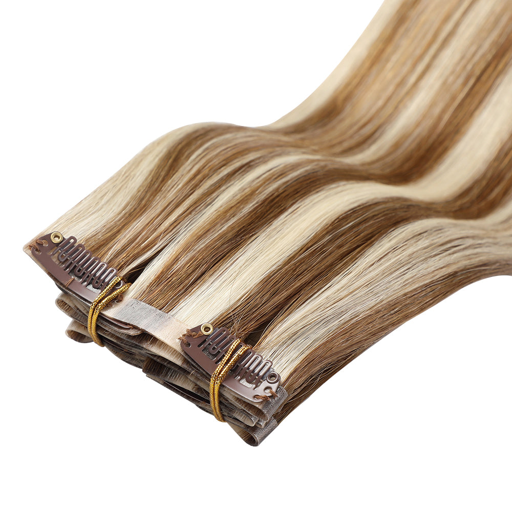 Yilite (#P8/60) Light Brown with Blonde Balayage Seamless Clip Ins 7Pcs