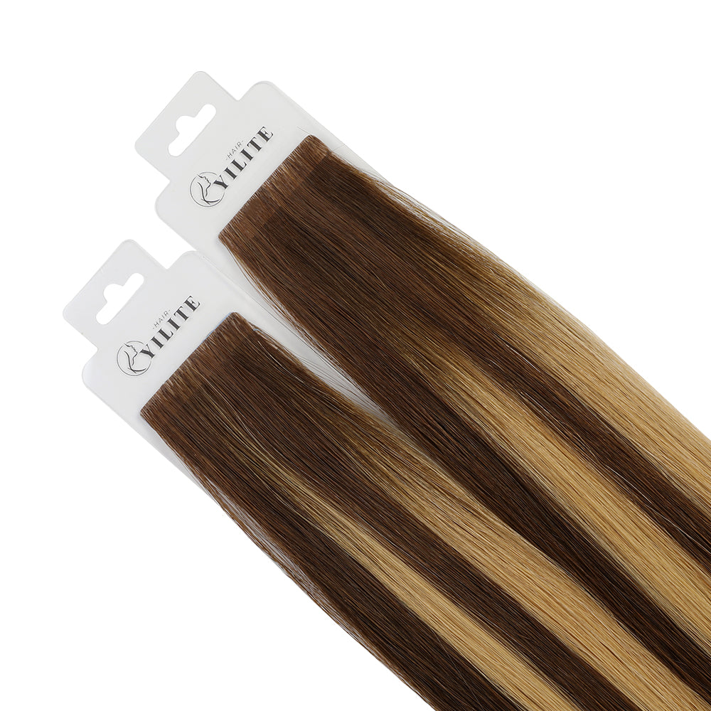 Yilite (#P4/27/T4) Chocolate Brown to Caramel Blonde Invisible Tape In Extensions 20Pcs