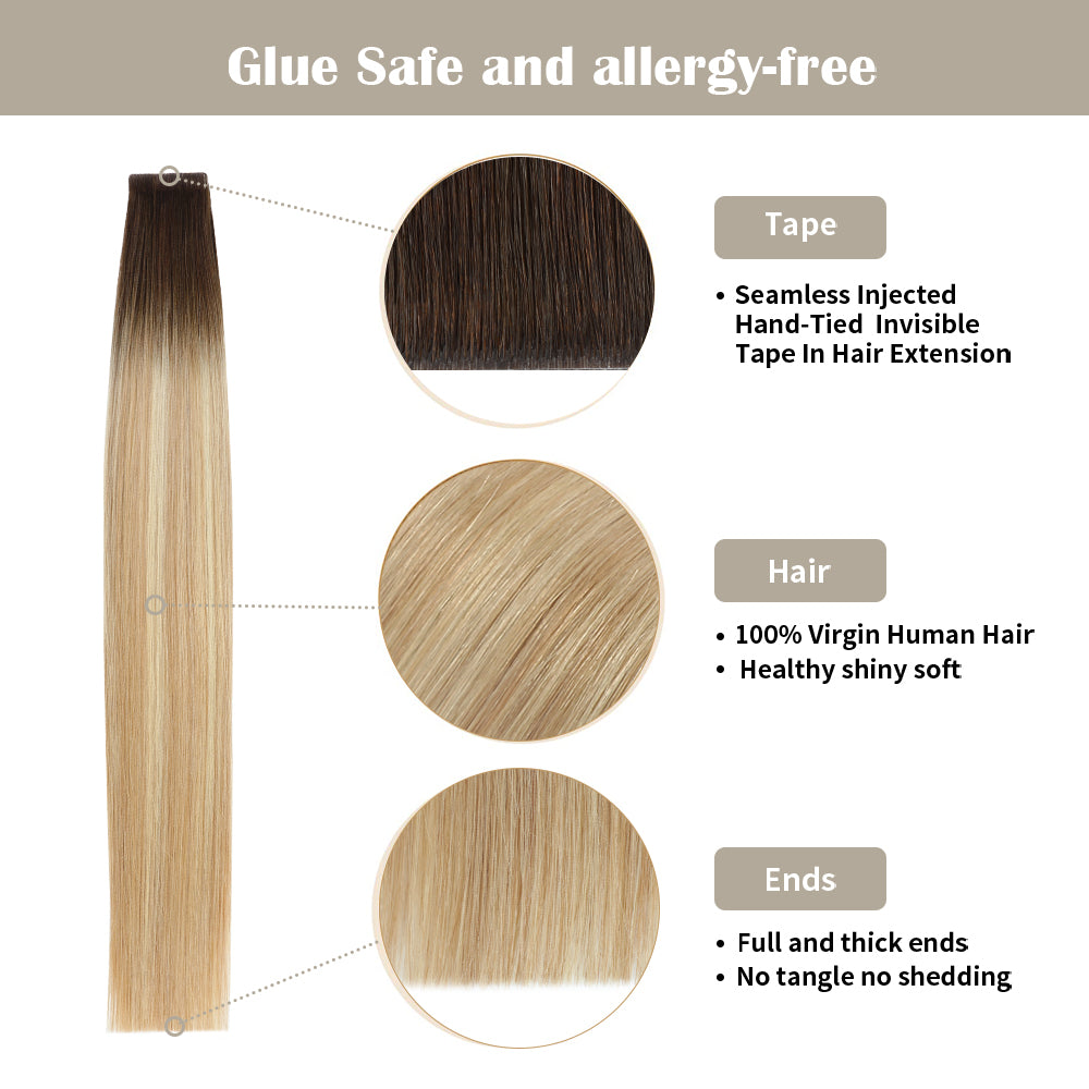 Yilite  (#T2/P18/613) Darkest Brown with Blonde Balayage Invisible Tape In Extensions 20Pcs