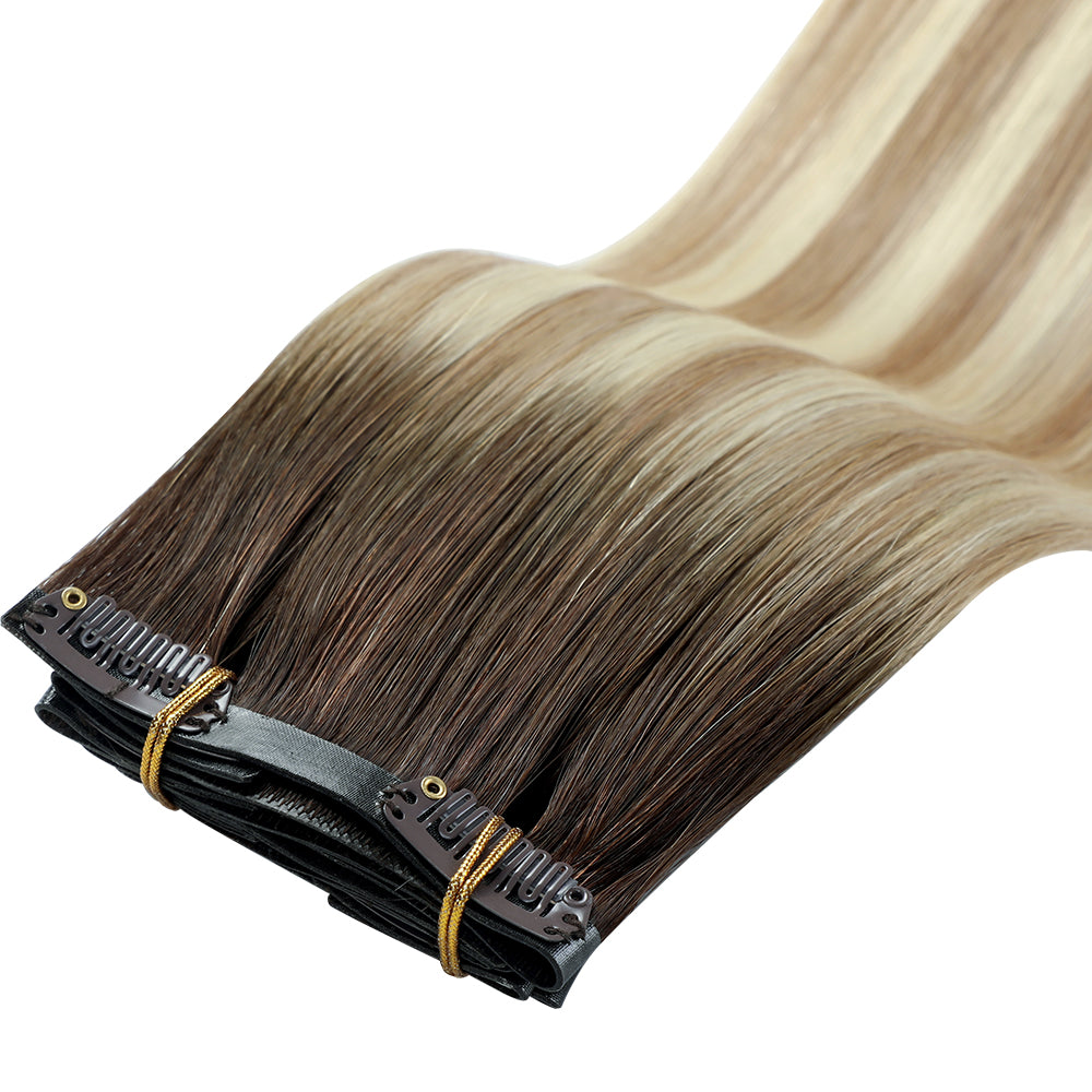 Yilite (#T2/P18/60) Darkest Brown with Ash Blonde Balayage Seamless Clip Ins 7Pcs