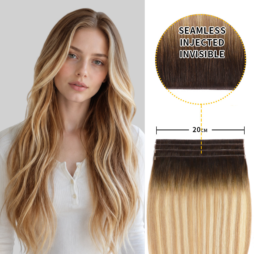 Yilite (#T2/P18/60) Darkest Brown with Ash Blonde Balayage Tape Weft Hair Extensions