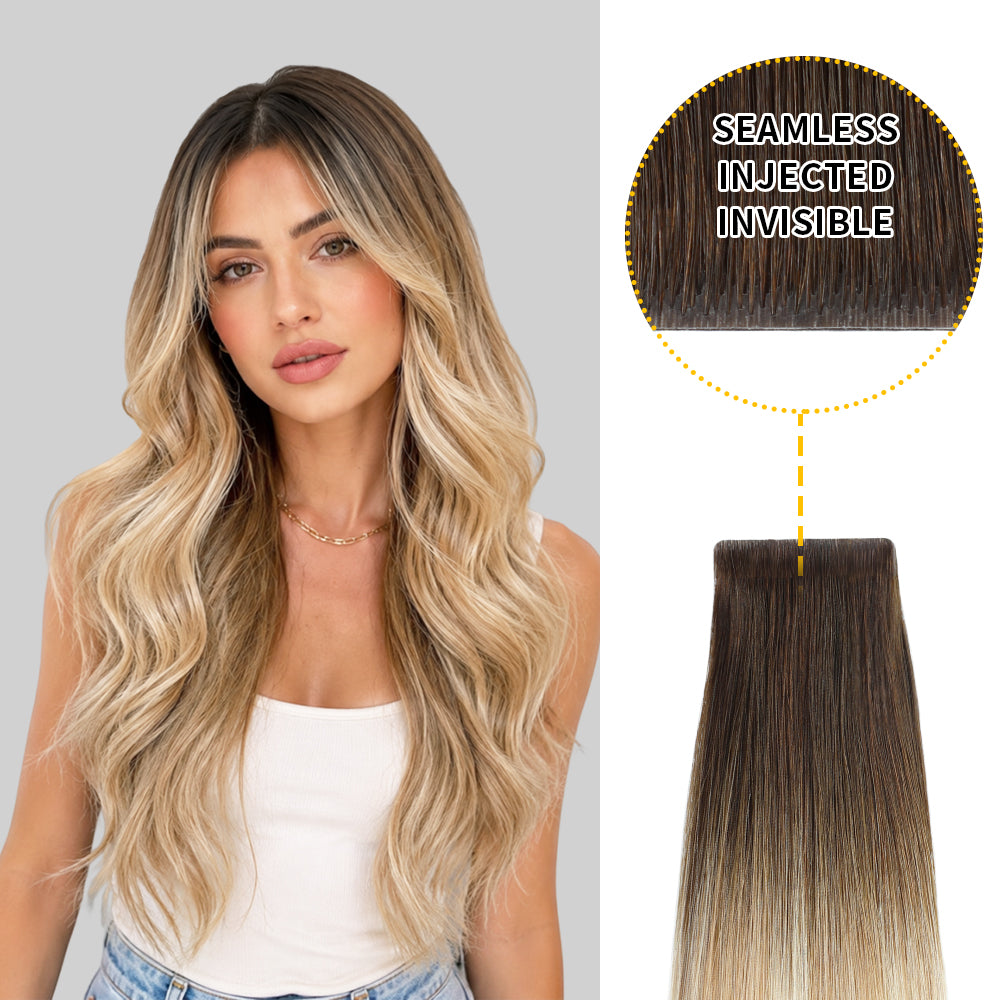 Yilite  (#T2/P18/613) Darkest Brown with Blonde Balayage Invisible Tape In Extensions 20Pcs