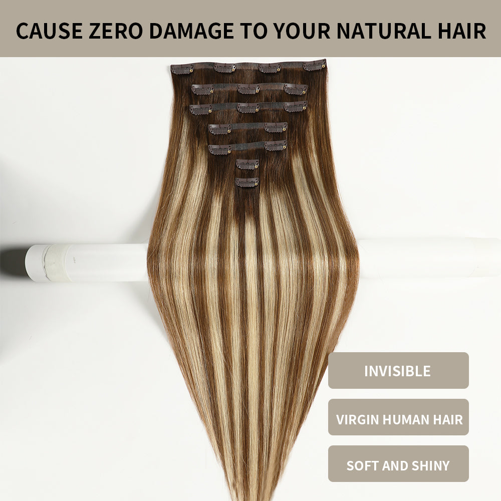 Yilite (#P6/613/T4) Brown to Blonde Balayage Seamless Clip Ins 7Pcs
