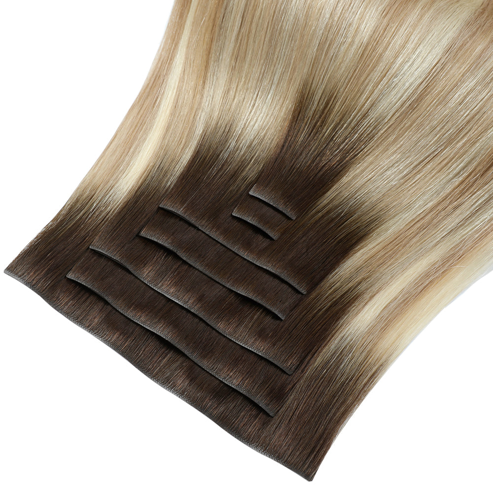 Yilite (#T2/P18/60) Darkest Brown with Ash Blonde Balayage Seamless Clip Ins 7Pcs