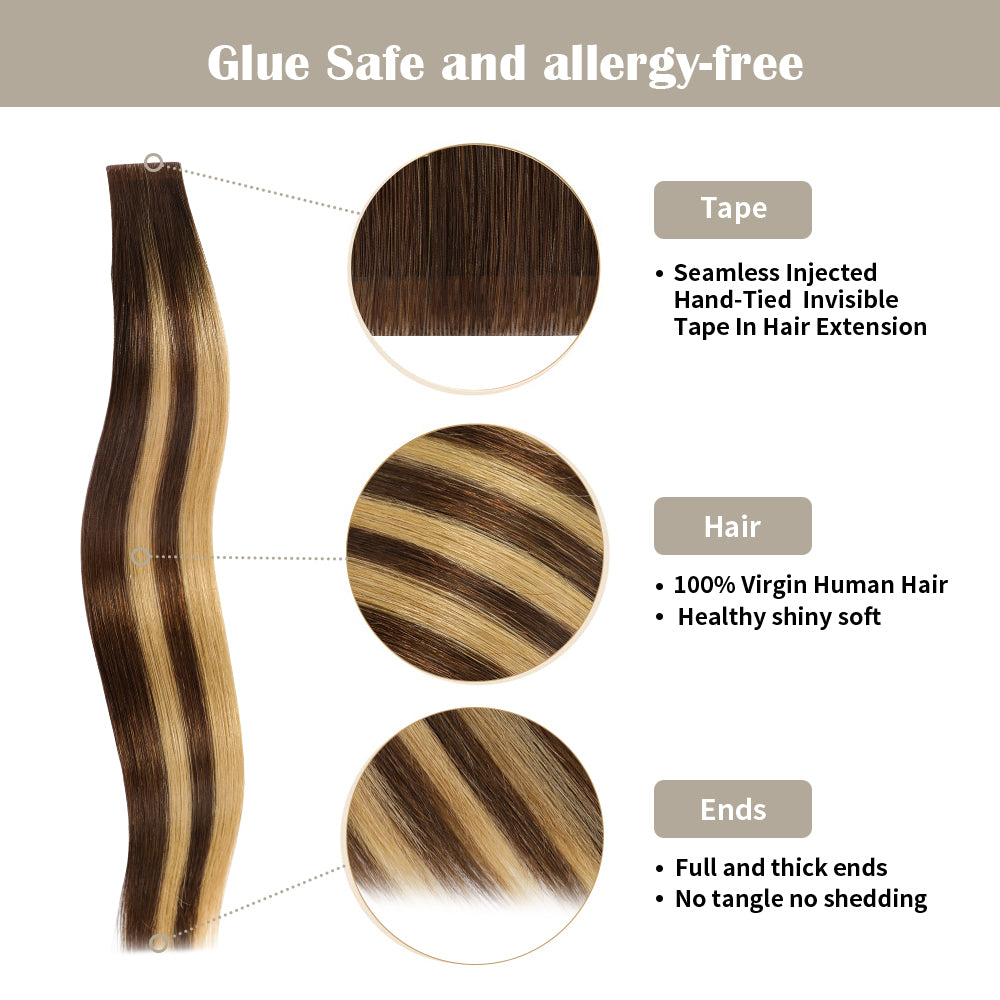 Yilite (#P4/27/T4) Chocolate Brown to Caramel Blonde Invisible Tape In Extensions 20Pcs