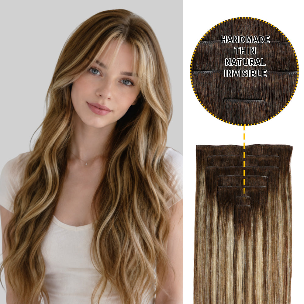Yilite (#P6/613/T4) Brown to Blonde Balayage Seamless Clip Ins 7Pcs