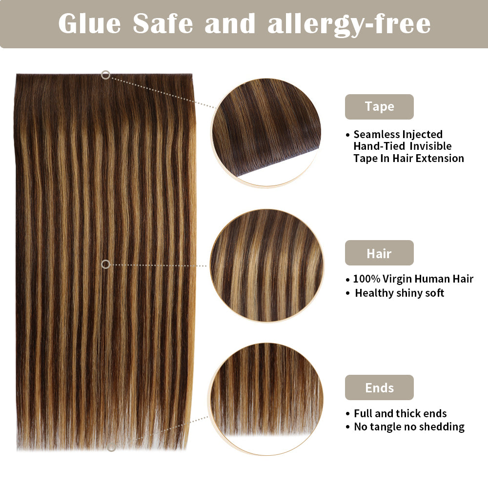 Yilite (#P4/27/T4) Chocolate Brown to Caramel Blonde Tape Weft Hair Extensions