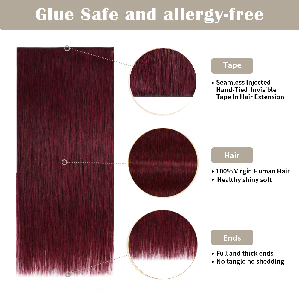 Yilite (#99J) Burgundy Tape Weft Hair Extensions