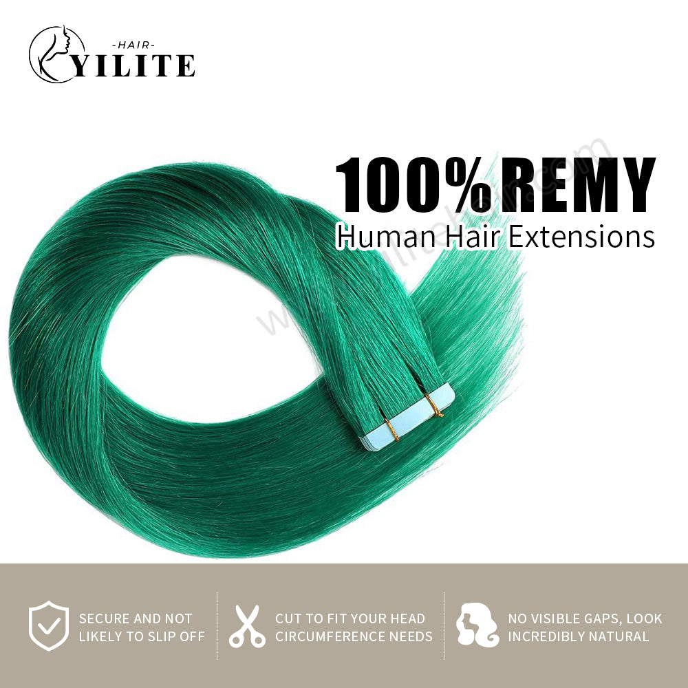 Yilite Teal Green Tape In Hair Extensions Remy Human Hair 24Pcs