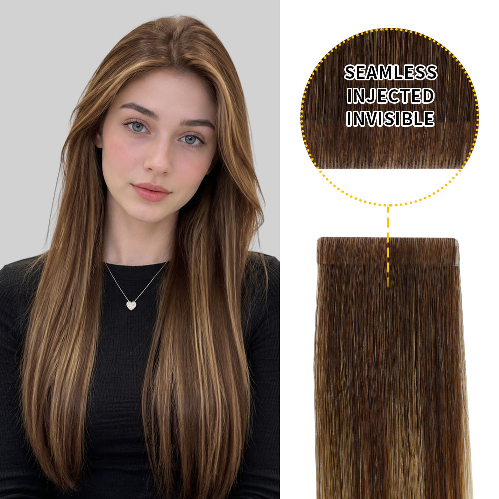 Yilite (#P4/27/T4) Chocolate Brown to Caramel Blonde Invisible Tape In Extensions 20Pcs
