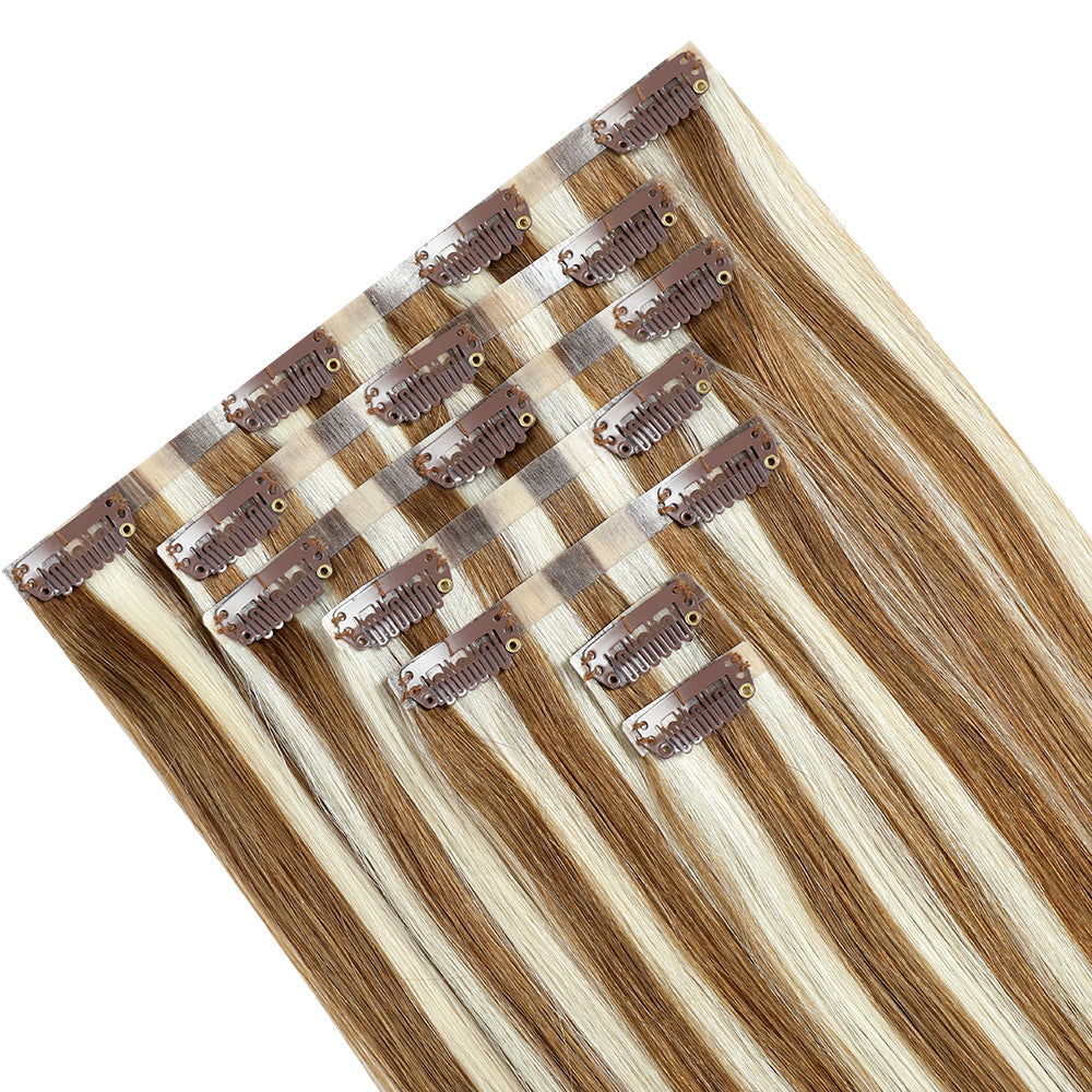 Yilite (#P8/60) Light Brown with Blonde Balayage Seamless Clip Ins 7Pcs