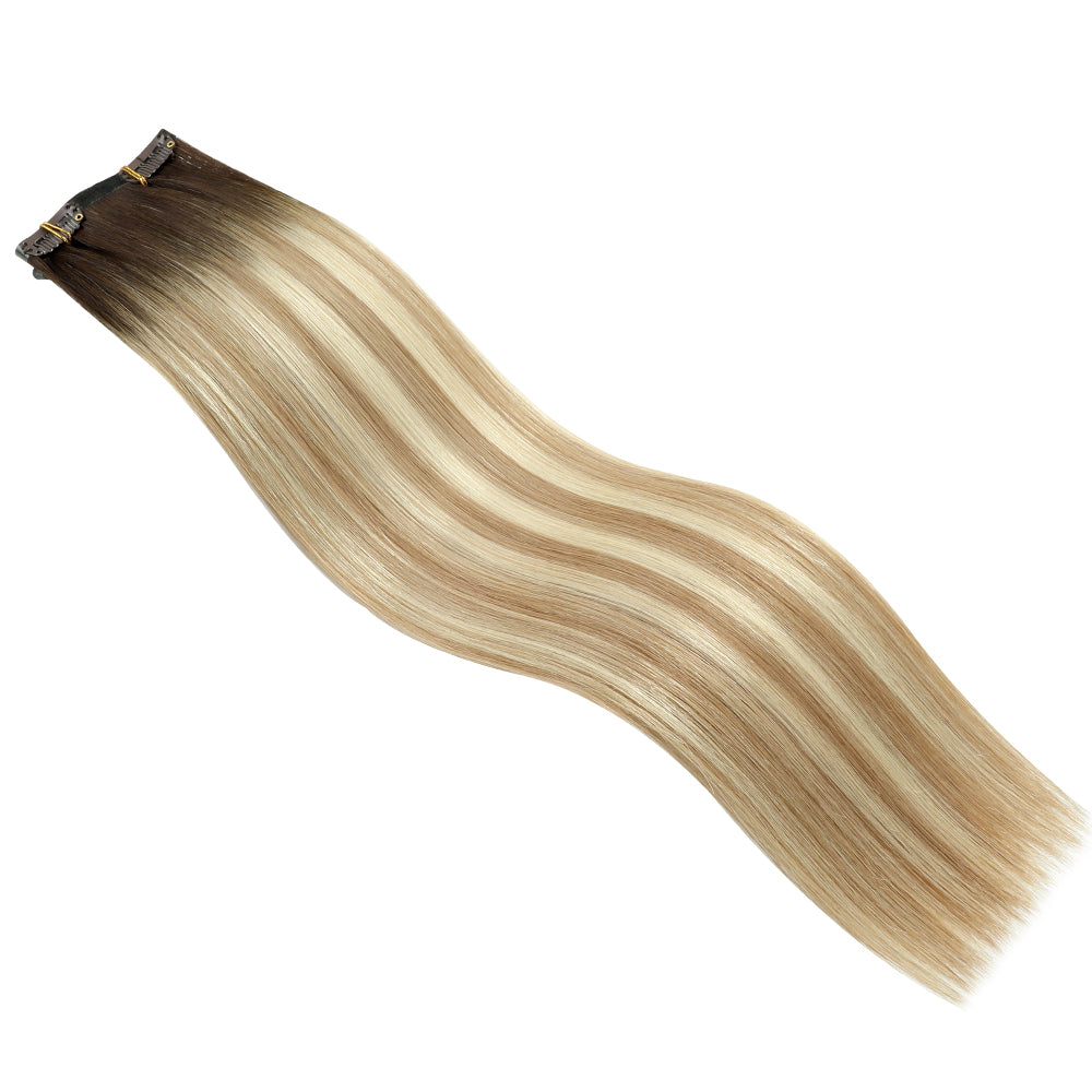 Yilite (#T2/P18/60) Darkest Brown with Ash Blonde Balayage Seamless Clip Ins 7Pcs