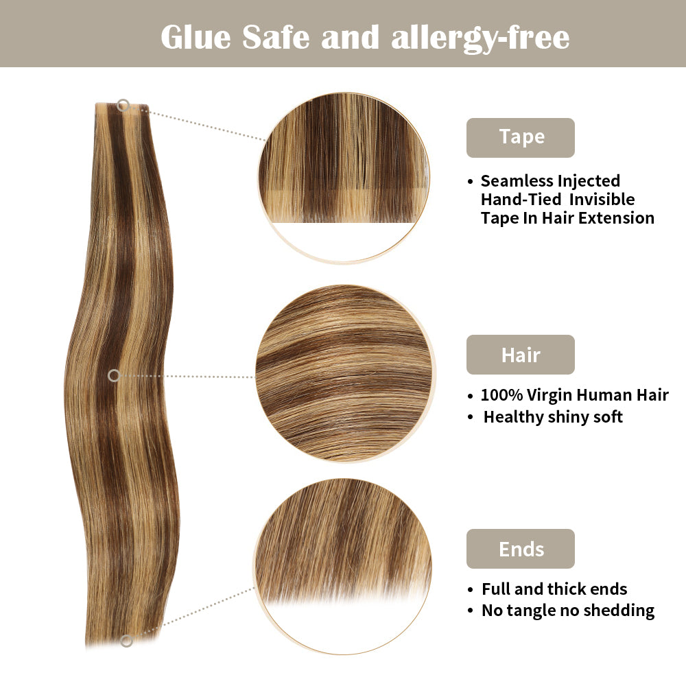 Yilite (#P4/27) Caramel Blonde Balayage Invisible Tape In Extensions 20Pcs