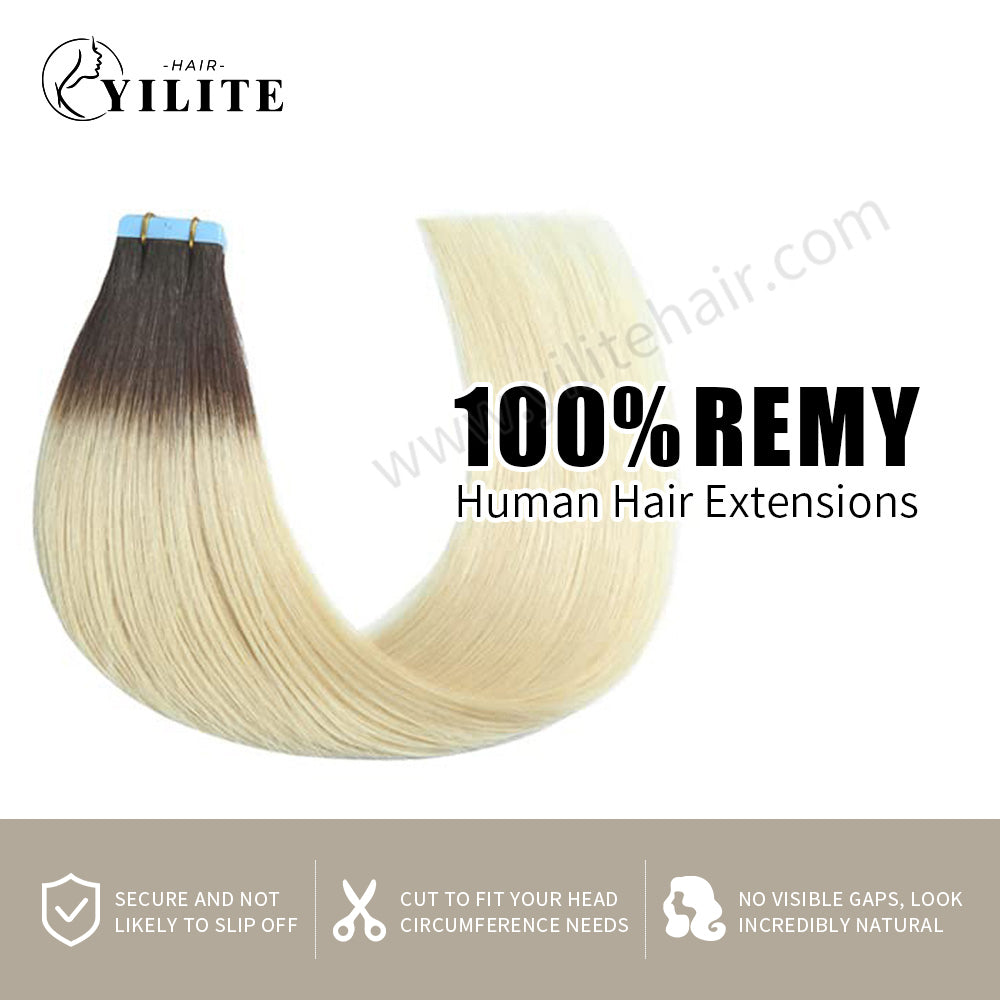 Yilite (#T2/60) Darkest Brown to Platinum Blonde Tape In Hair Extensions Remy Human Hair 24Pcs