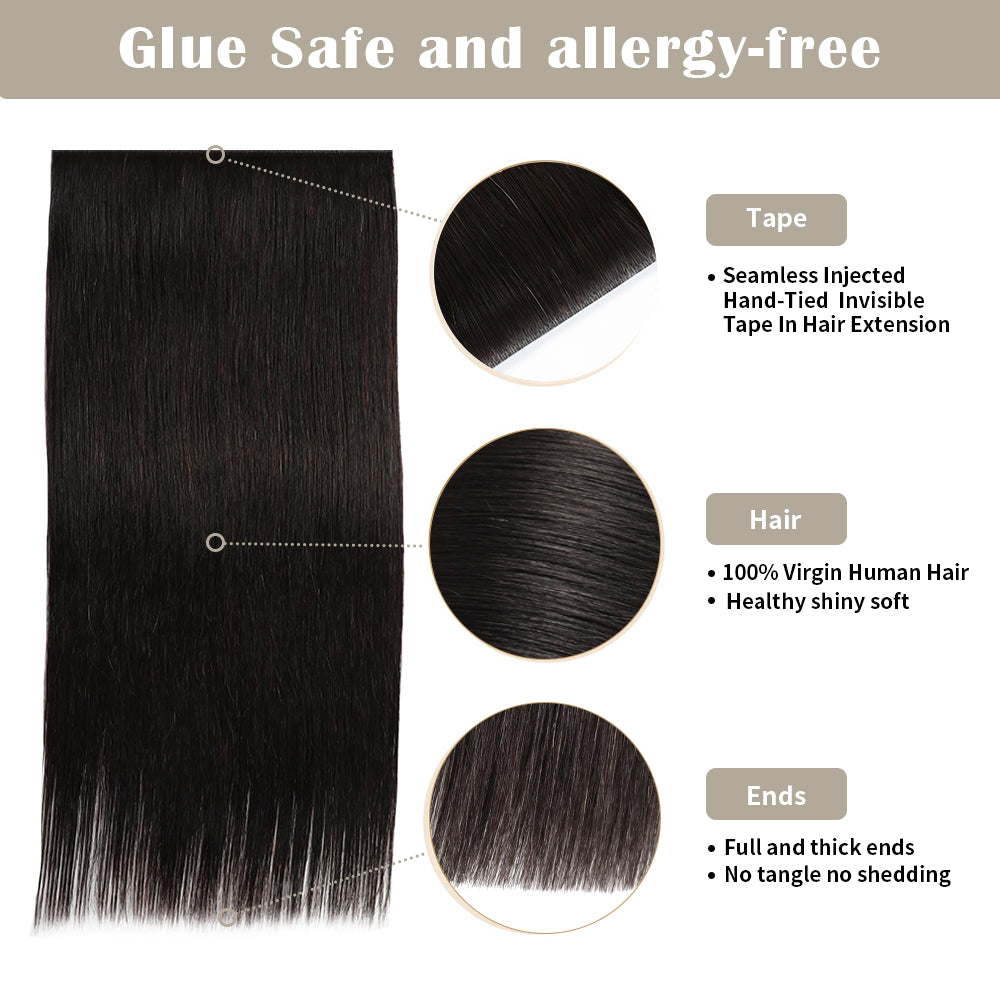 Yilite (#1B) Natural Black Tape Weft Hair Extensions