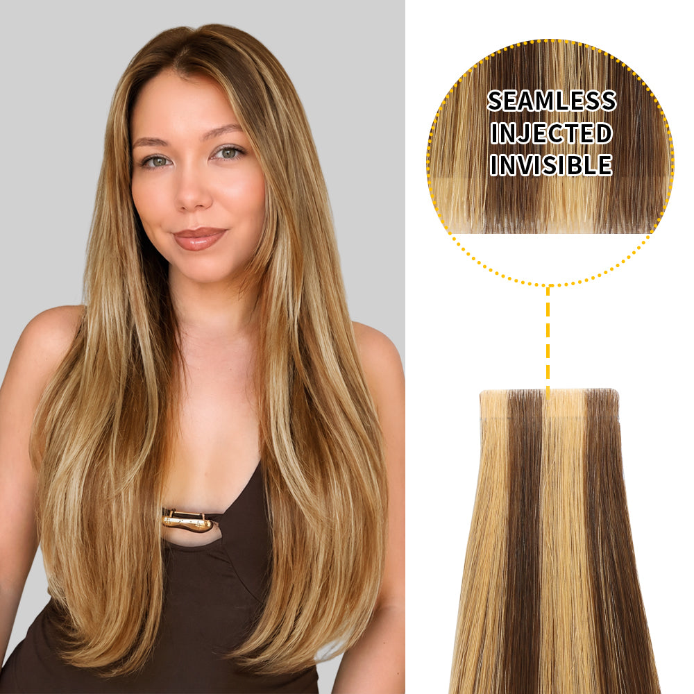Yilite (#P4/27) Caramel Blonde Balayage Invisible Tape In Extensions 20Pcs