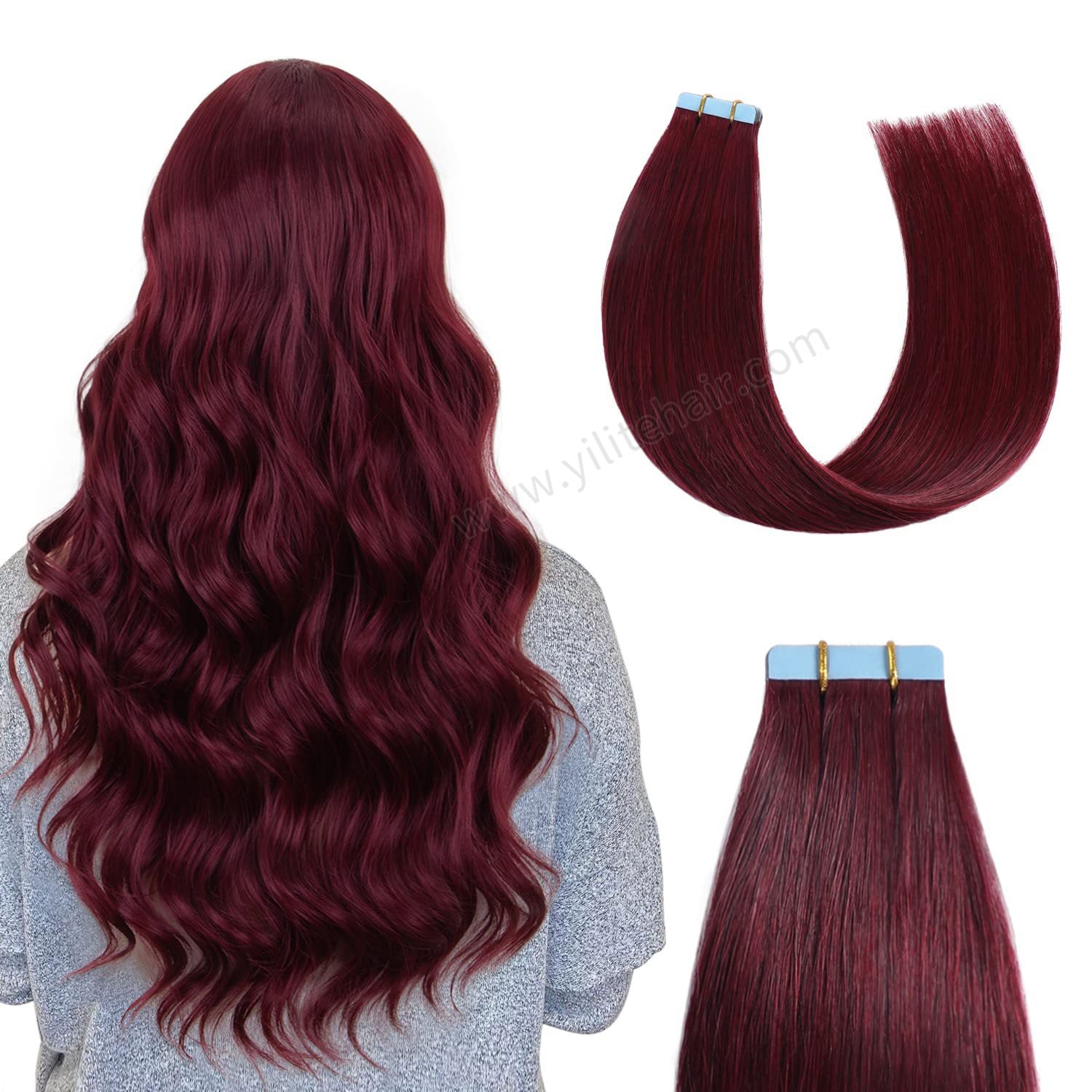 Yilite (#99J) Burgundy Tape In Hair Extensions Remy Human Hair 24Pcs