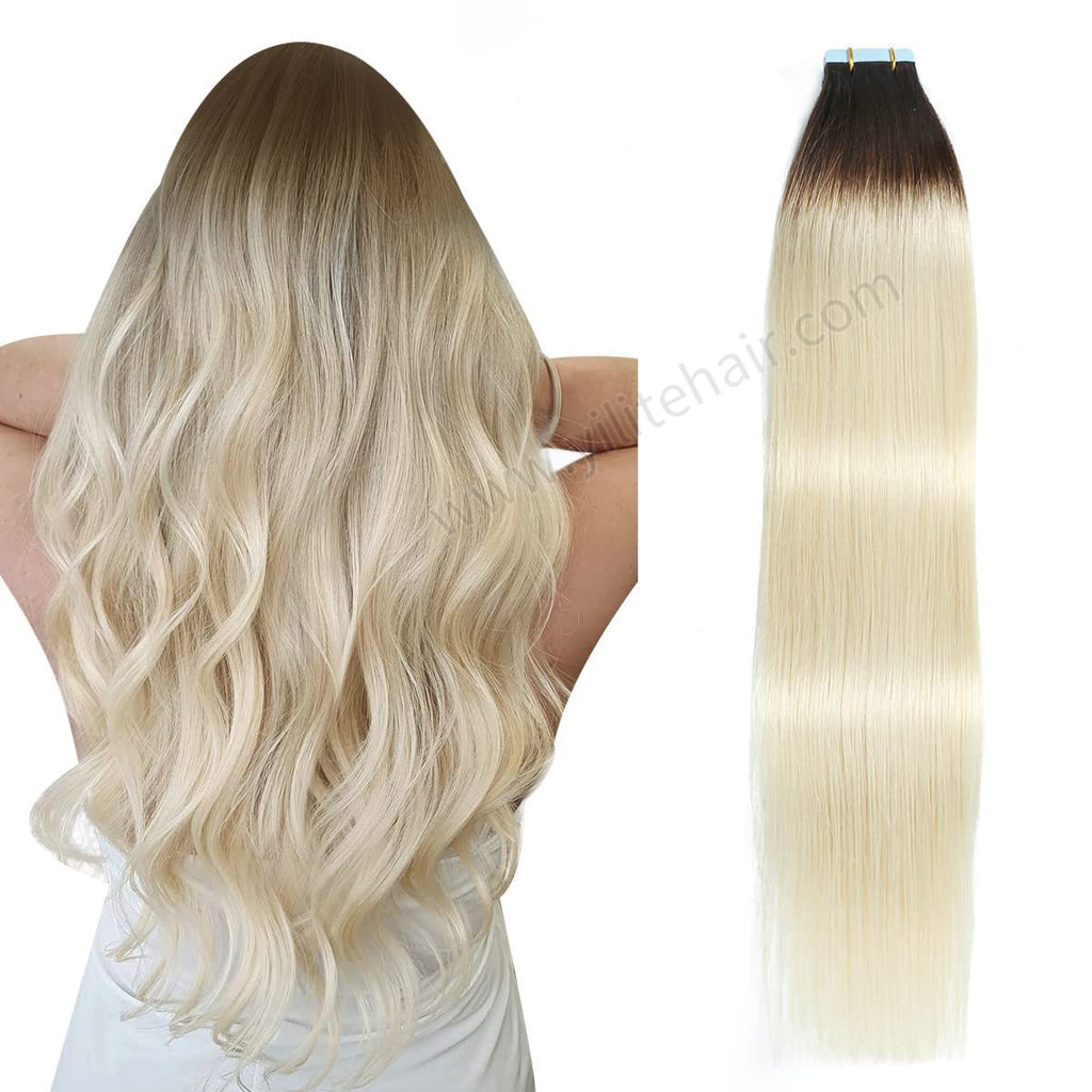 Yilite (#T2/60) Darkest Brown to Platinum Blonde Tape In Hair Extensions Remy Human Hair 24Pcs
