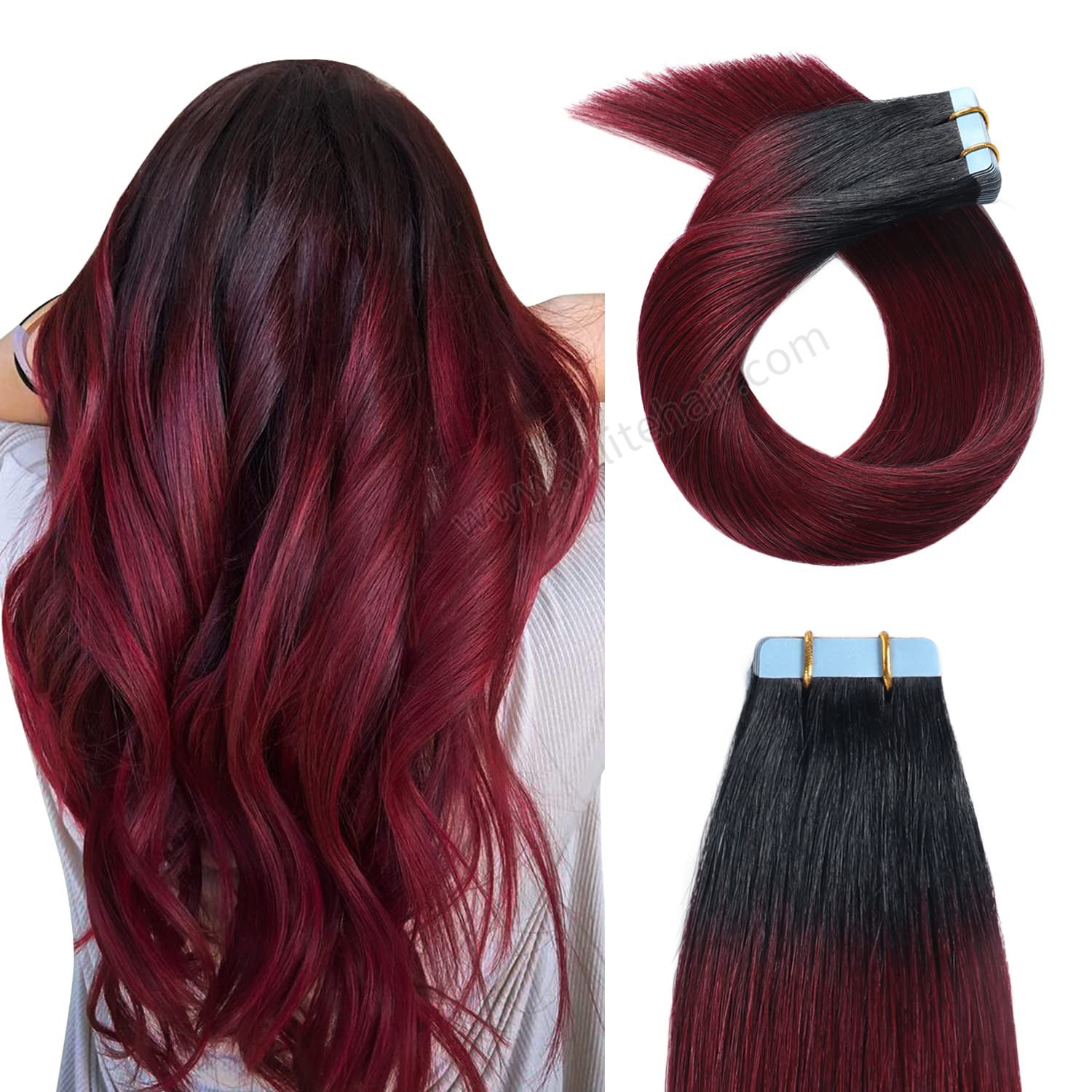 Yilite (#T1/99J) Jet Black to Burgundy Tape In Hair Extensions Remy Human Hair 24Pcs