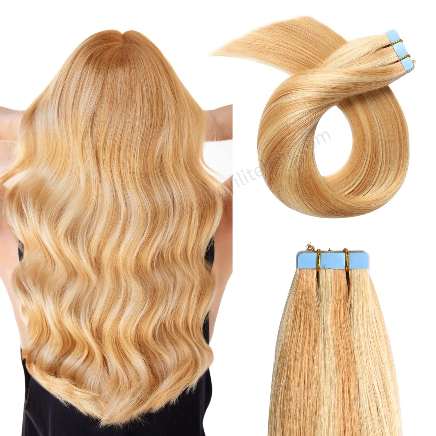 Yilite (#P27/613) Strawberry Blonde Mixed Bleach Blonde Tape In Hair Extensions Remy Human Hair 24Pcs