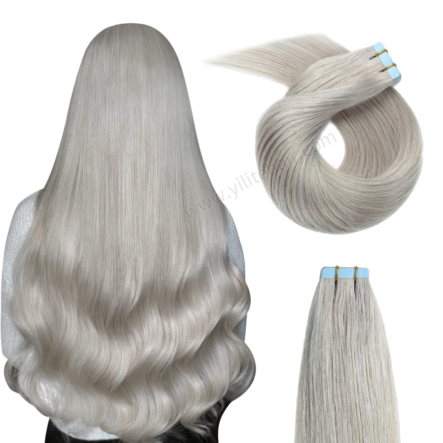 Yilite Silver Tape In Hair Extensions Remy Human Hair 24Pcs