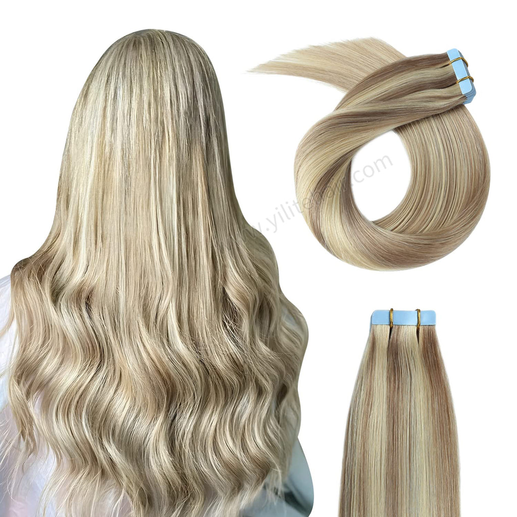 Yilite (#P18/613) Ash Blonde Highlights Tape In Hair Extensions Remy Human Hair 24Pcs