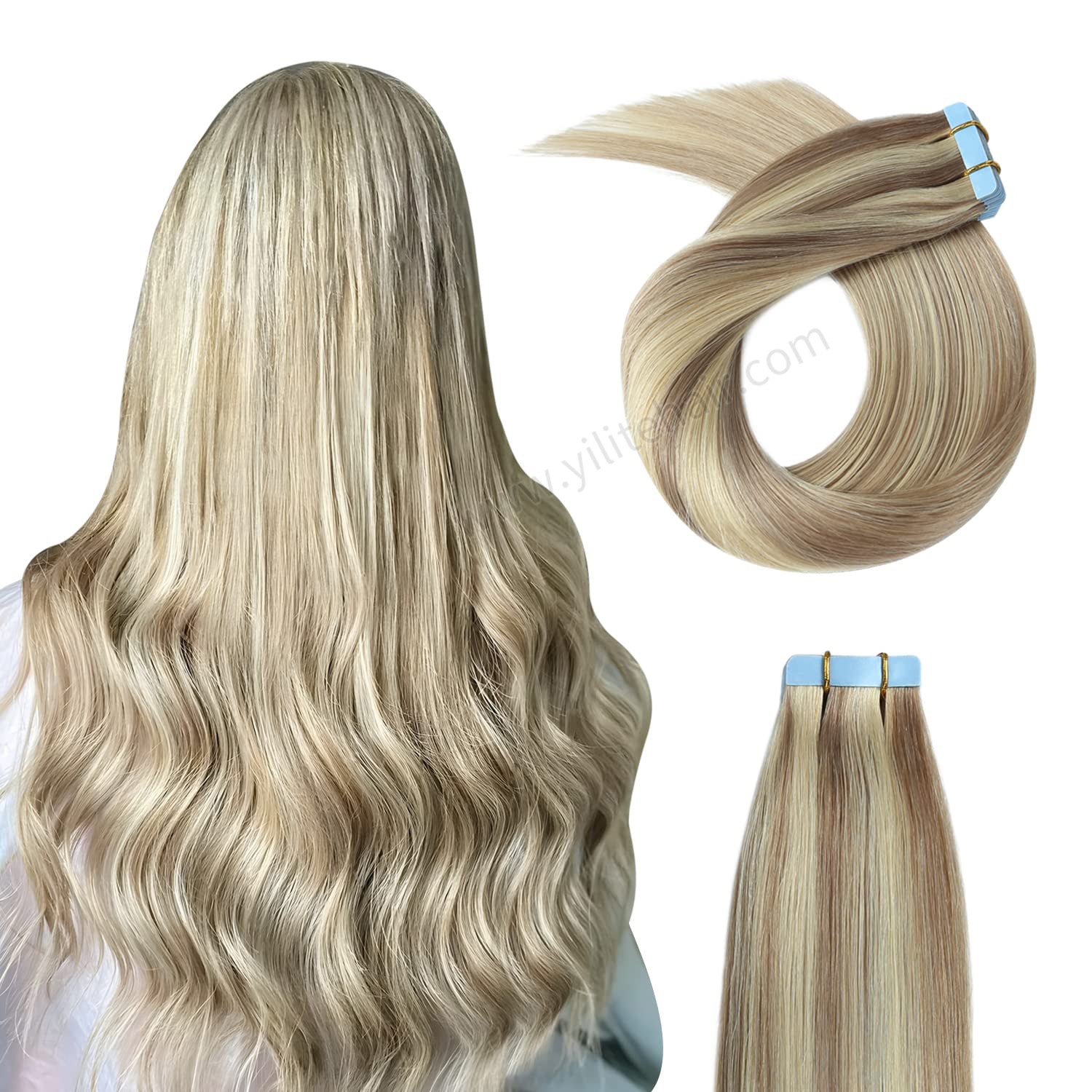 Yilite (#P18/613) Ash Blonde Highlights Tape In Hair Extensions Remy Human Hair 24Pcs