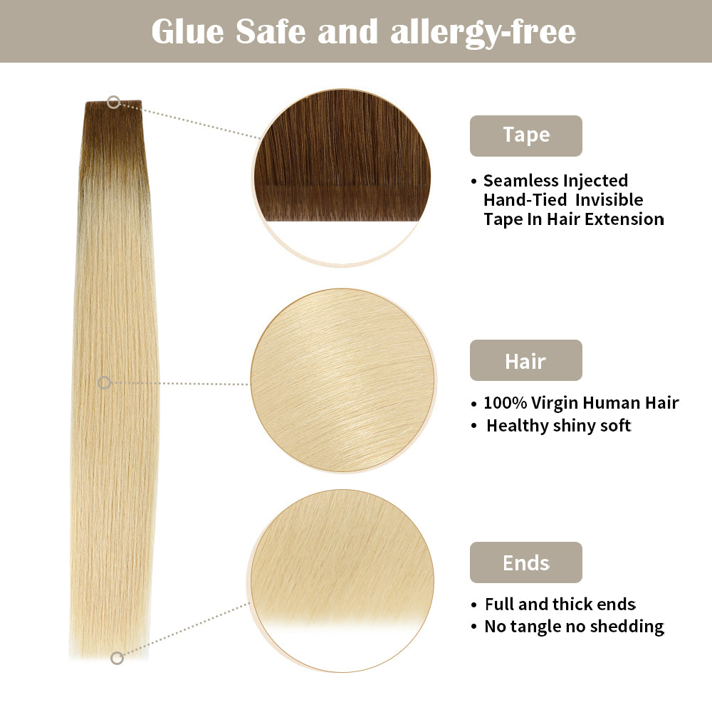 Yilite (#T8/60) Light Brown to Platinum Blonde Invisible Tape In Extensions 20Pcs