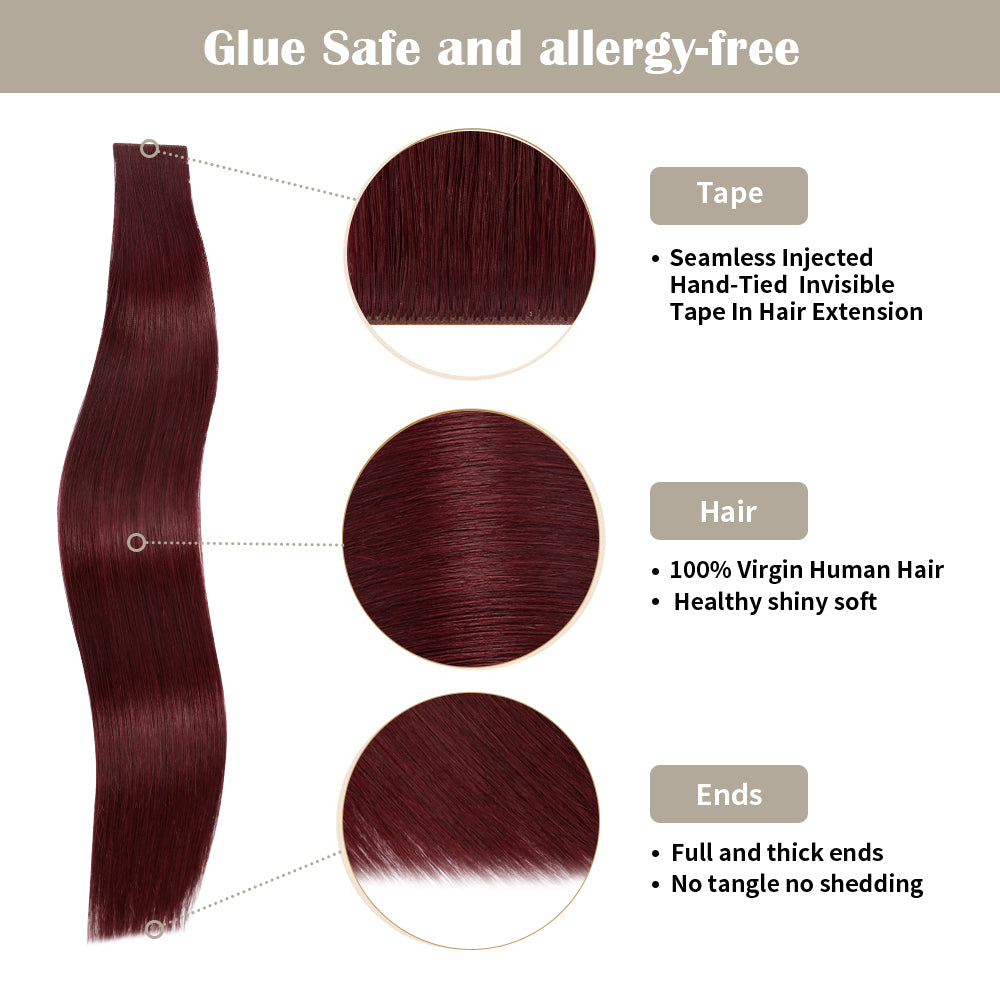 Yilite (#99J) Burgundy Invisible Tape In Extensions 20Pcs