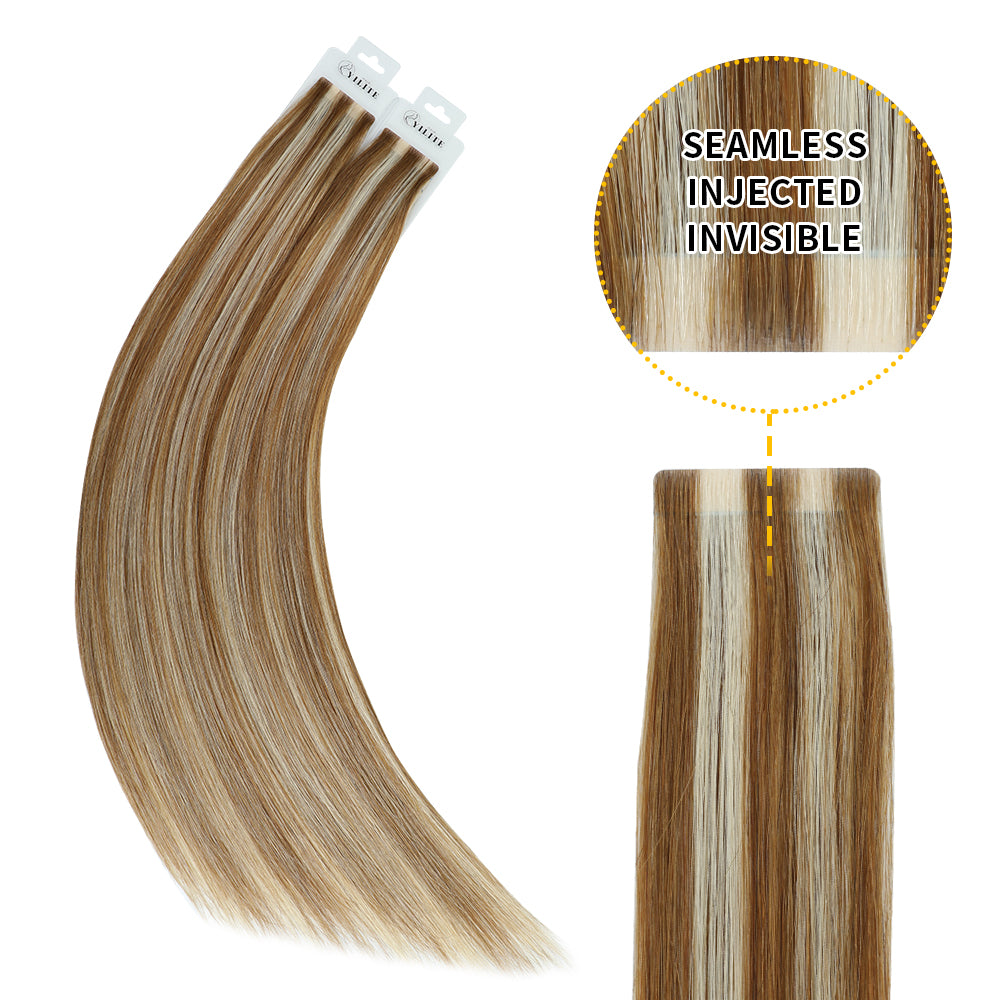 Yilite (#P8/60) Light Brown with Blonde Balayage Invisible Tape In Extensions 20Pcs