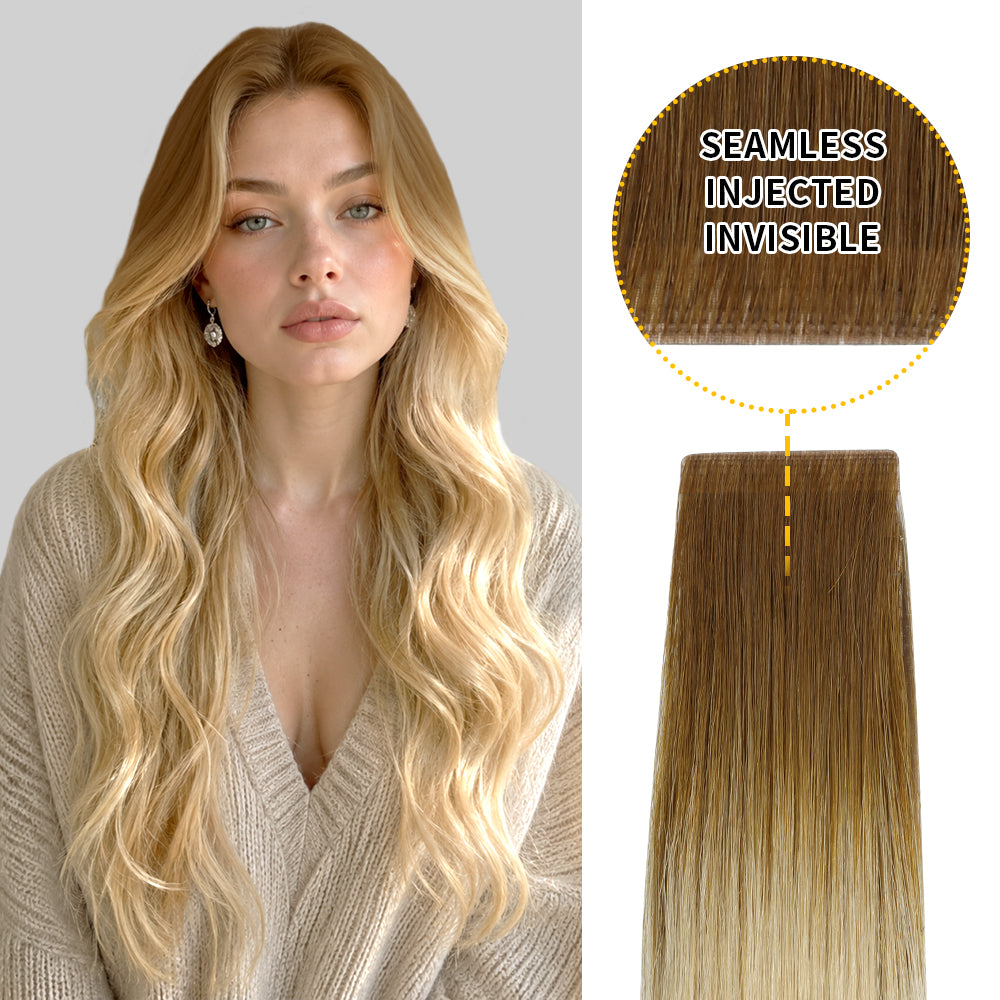 Yilite (#T8/60) Light Brown to Platinum Blonde Invisible Tape In Extensions 20Pcs
