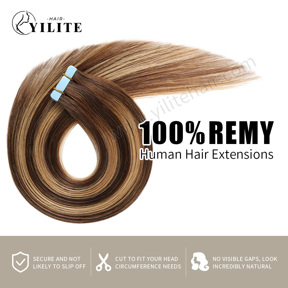 Yilite (#P4/27/T4) Chocolate Brown with Caramel Blonde Tape In Hair Extensions Remy Human Hair 24Pcs
