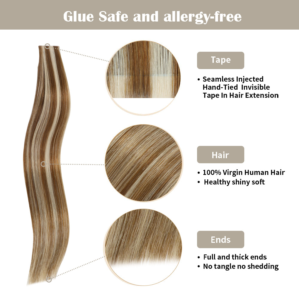 Yilite (#P8/60) Light Brown with Blonde Balayage Invisible Tape In Extensions 20Pcs