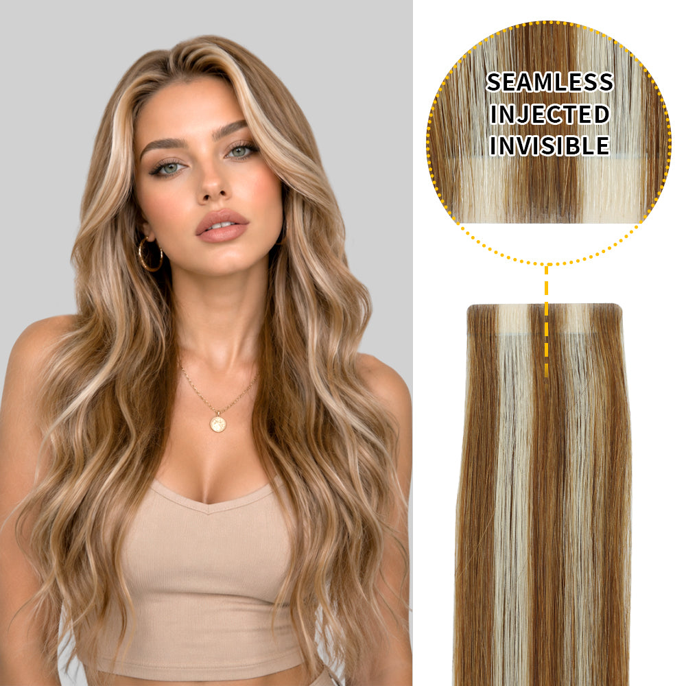 Yilite (#P8/60) Light Brown with Blonde Balayage Invisible Tape In Extensions 20Pcs