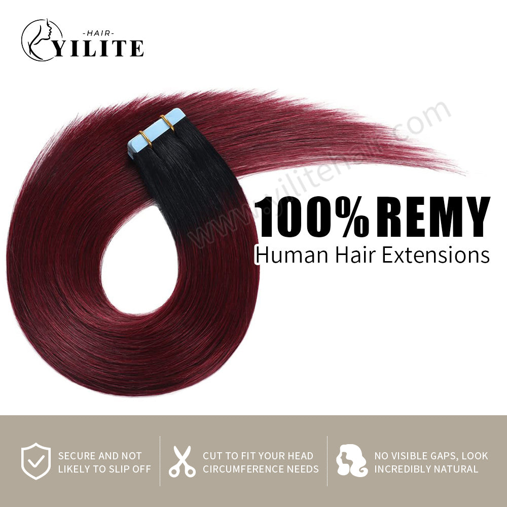 Yilite (#T1/99J) Jet Black to Burgundy Tape In Hair Extensions Remy Human Hair 24Pcs