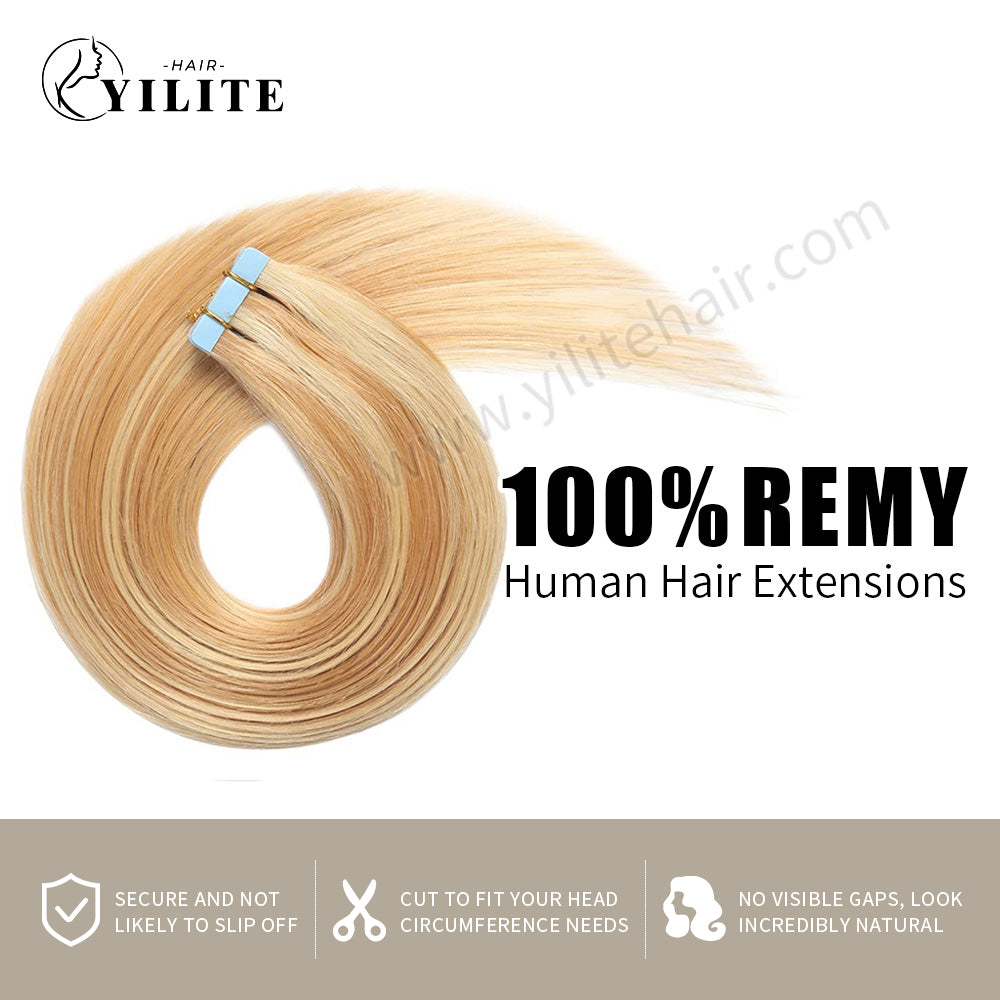 Yilite (#P27/613) Strawberry Blonde Mixed Bleach Blonde Tape In Hair Extensions Remy Human Hair 24Pcs