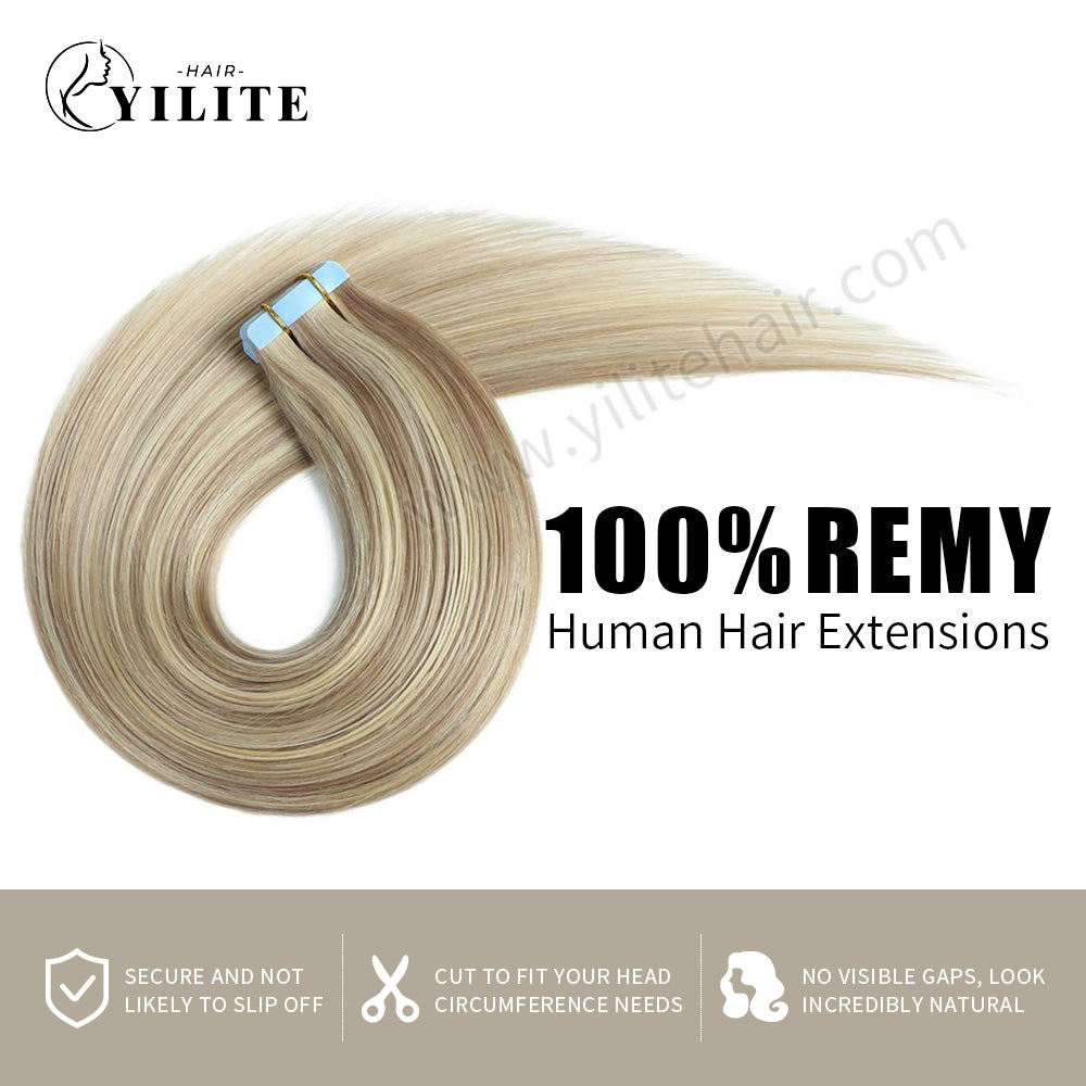 Yilite (#P18/613) Ash Blonde Highlights Tape In Hair Extensions Remy Human Hair 24Pcs