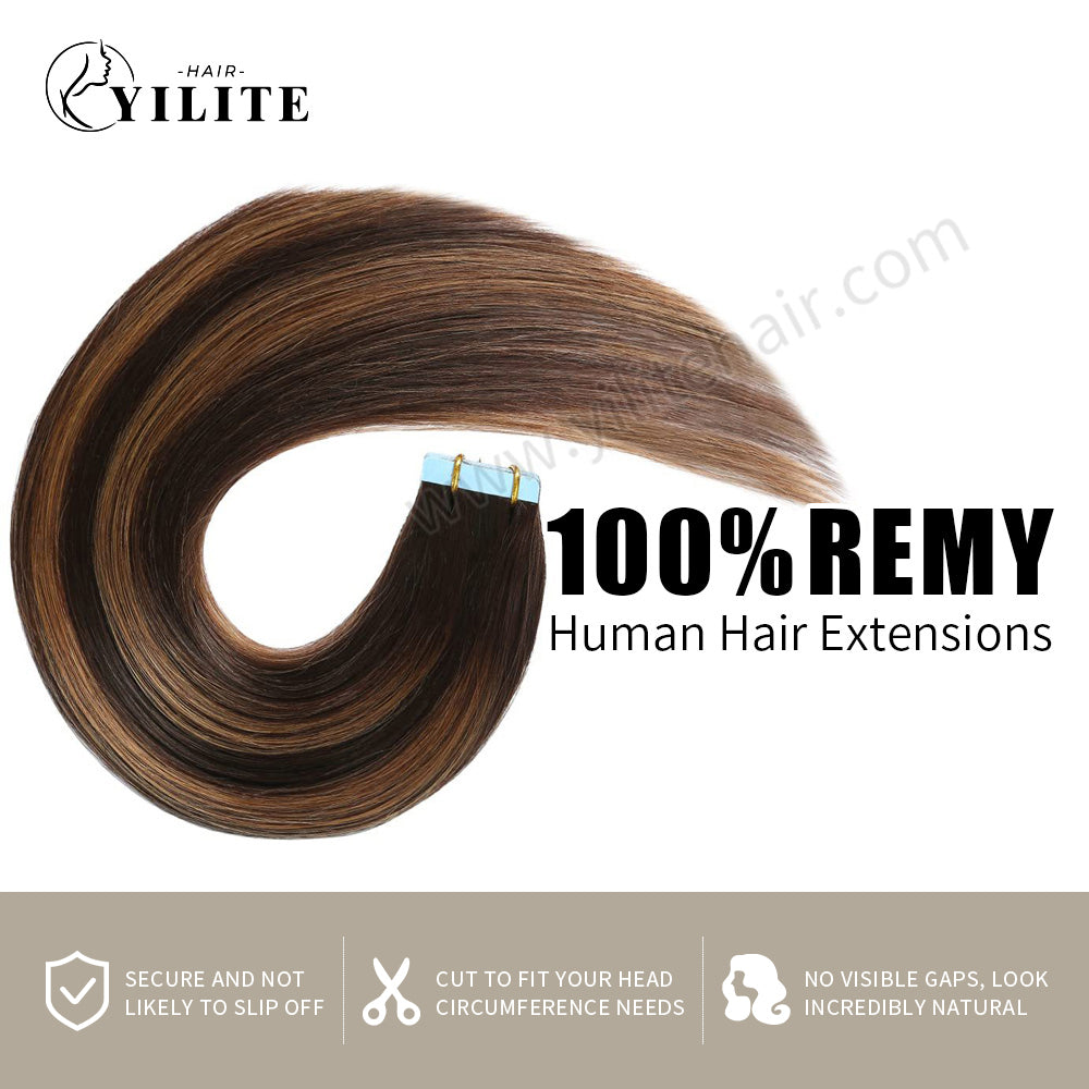 Yilite (#P2/6/T2) Darkest Brown Balayage Tape In Hair Extensions Remy Human Hair 24Pcs