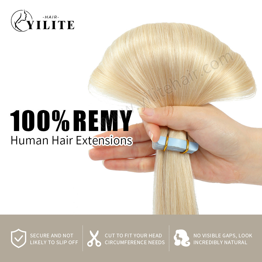 Yilite (#613) Bleach Blonde Tape In Hair Extensions Remy Human Hair 24Pcs