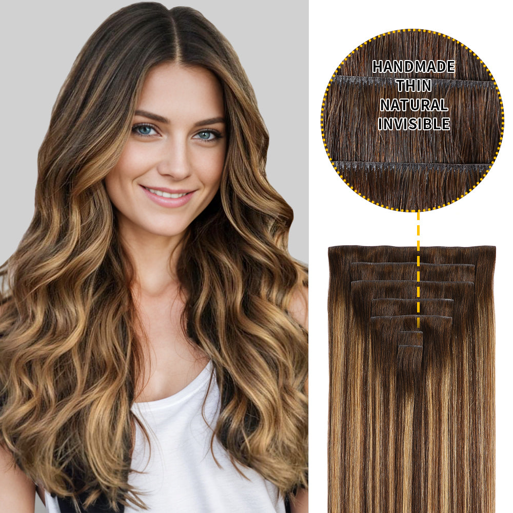 Yilite (#P4/27/T4) Chocolate Brown to Caramel Blonde Seamless Clip Ins 7Pcs