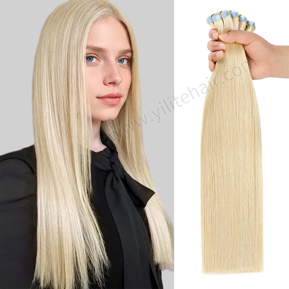 Yilite (#613) Bleach Blonde Tape In Hair Extensions Remy Human Hair 24Pcs