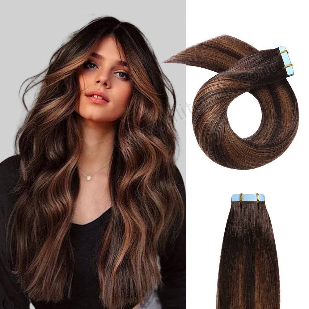 Yilite (#P2/6/T2) Darkest Brown Balayage Tape In Hair Extensions Remy Human Hair 24Pcs