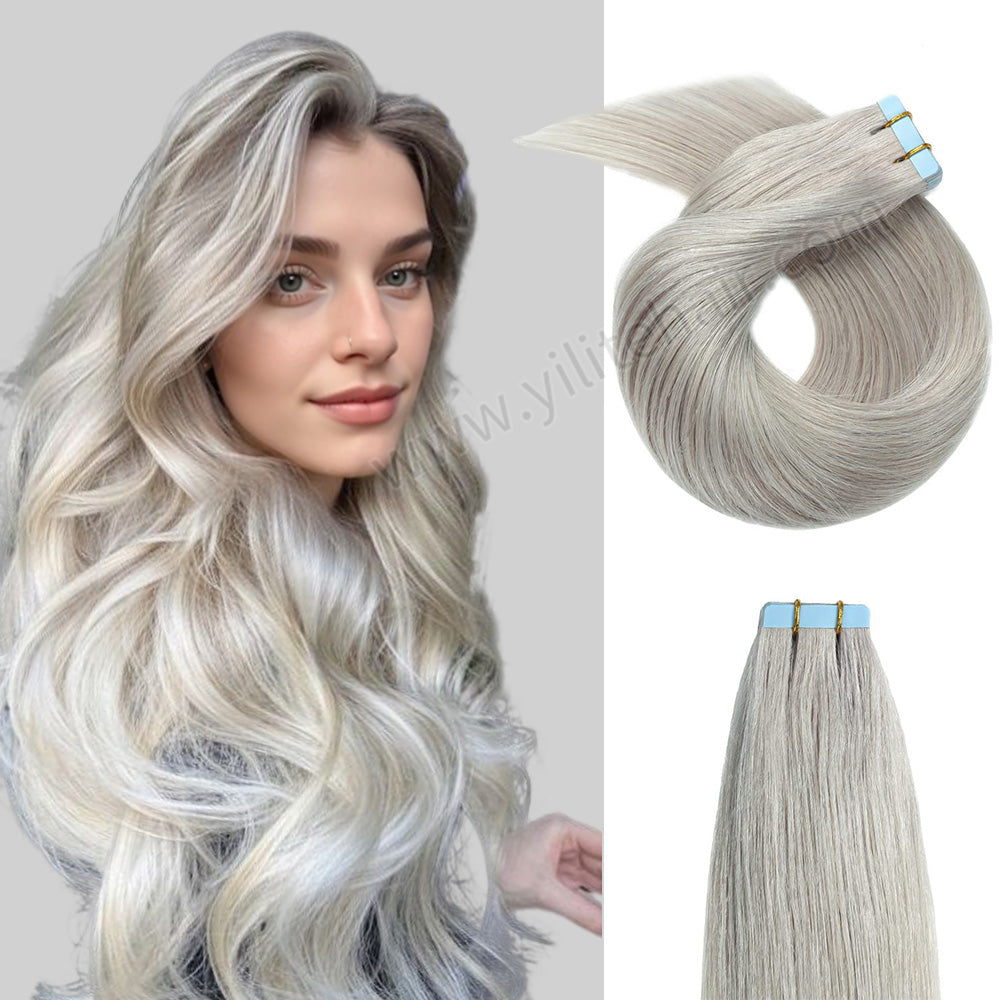 Yilite Silver Tape In Hair Extensions Remy Human Hair 24Pcs