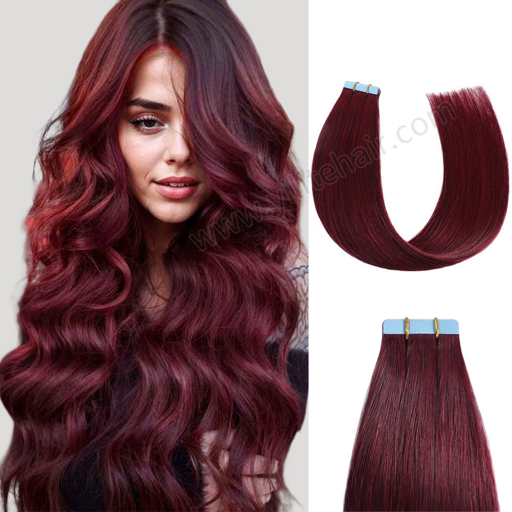 Yilite (#99J) Burgundy Tape In Hair Extensions Remy Human Hair 24Pcs