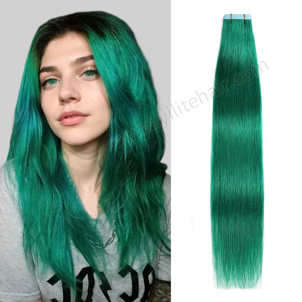 Yilite Teal Green Tape In Hair Extensions Remy Human Hair 24Pcs