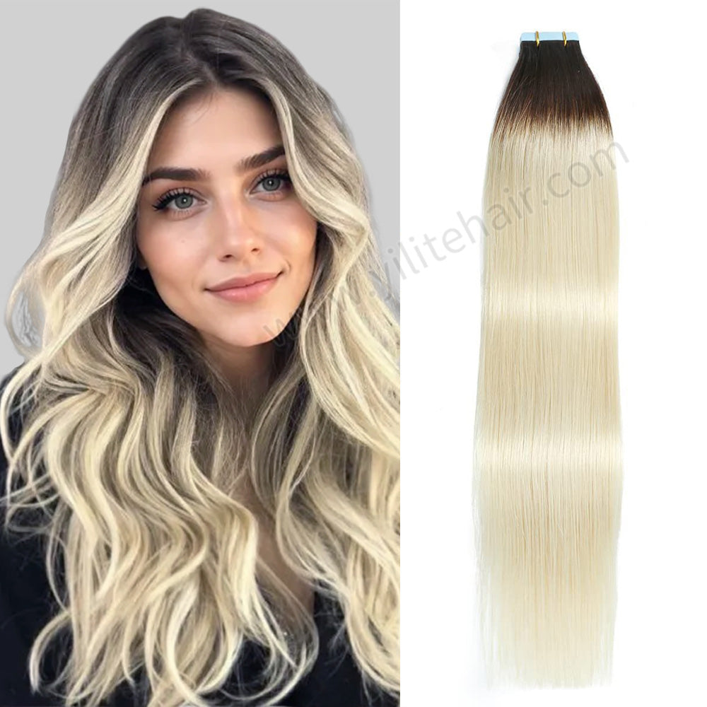 Yilite (#T2/60) Darkest Brown to Platinum Blonde Tape In Hair Extensions Remy Human Hair 24Pcs