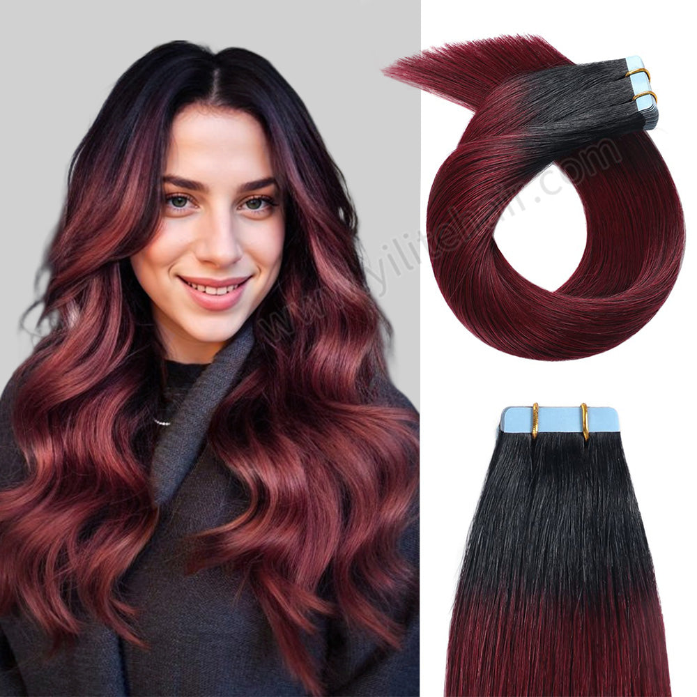 Yilite (#T1/99J) Jet Black to Burgundy Tape In Hair Extensions Remy Human Hair 24Pcs