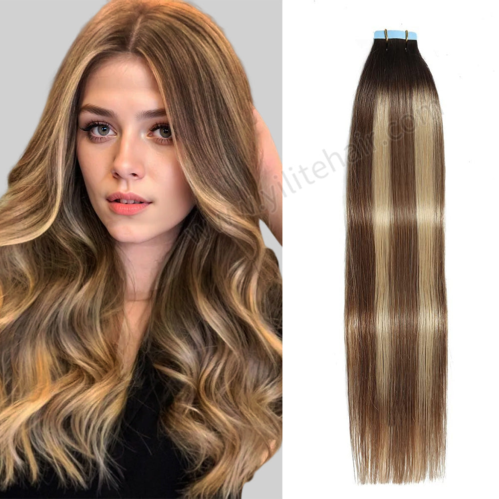 Yilite (#P6/16/T2) Brown to Light Blonde Balayage Tape In Hair Extensions Remy Human Hair 24Pcs