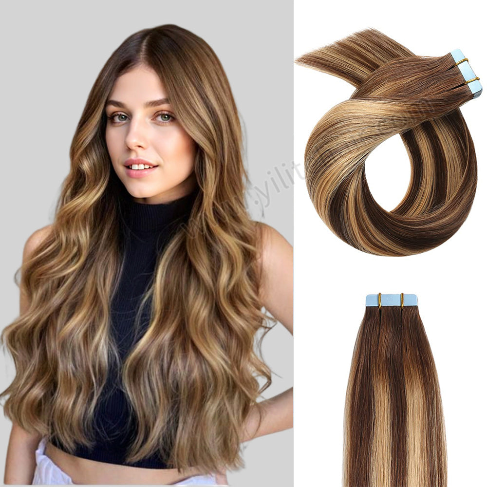Yilite (#P4/27/T4) Chocolate Brown with Caramel Blonde Tape In Hair Extensions Remy Human Hair 24Pcs